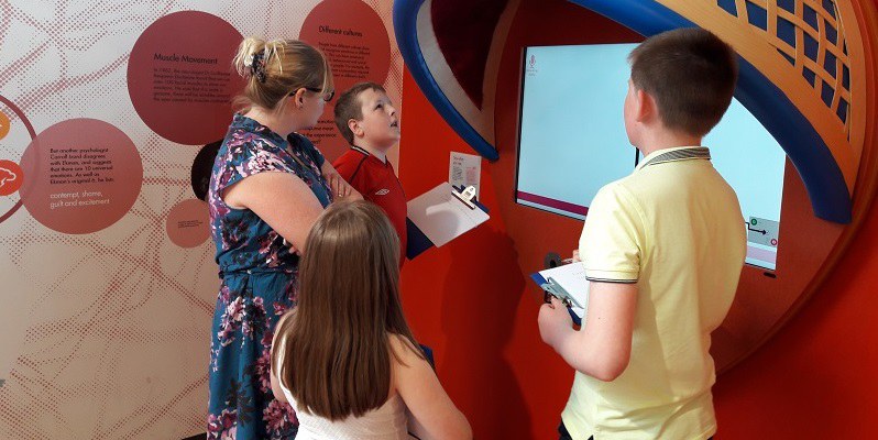 Kerrie and e=mc2 looking at exhibits in the Brain Zone, as part of Life’s project for Young People with Autism Spectrum Disorders