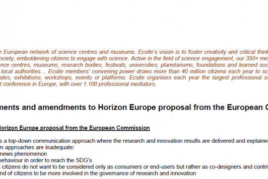 Ecsite amendments to Horizon Europe 